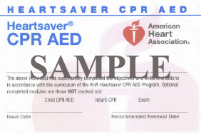  /></h2>
<h2>Heartsaver CPR/AED and Choking Certification (AHA)</h2>
<p>Class teaches how to assess and treat injuries and medical or environmental emergencies until professional help arrives. Skills focus on keeping the rescuer safe, while providing life-saving assistance to the patient in a variety of scenarios. Students also learn proper CPR techniques, how and when to use an AED (automated external defibrillator) and how to relieve choking for adults, children and infants. Use of a barrier device to prevent contamination during rescue breathing is also addressed.</p>
<p>Students receive an American Heart Association CPR/AED certification card valid for two years.</p></div>
			</div>
			</div>
				
				
				
				
			</div>
				
				
			</div><div class=