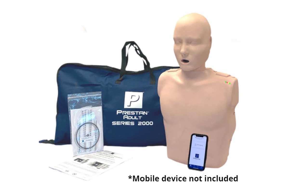 CPR training manikin with accessories and mobile app.